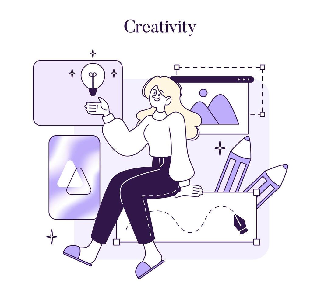 A cheerful woman engages with digital art tools, her creativity flowing into vibrant illustrations vector