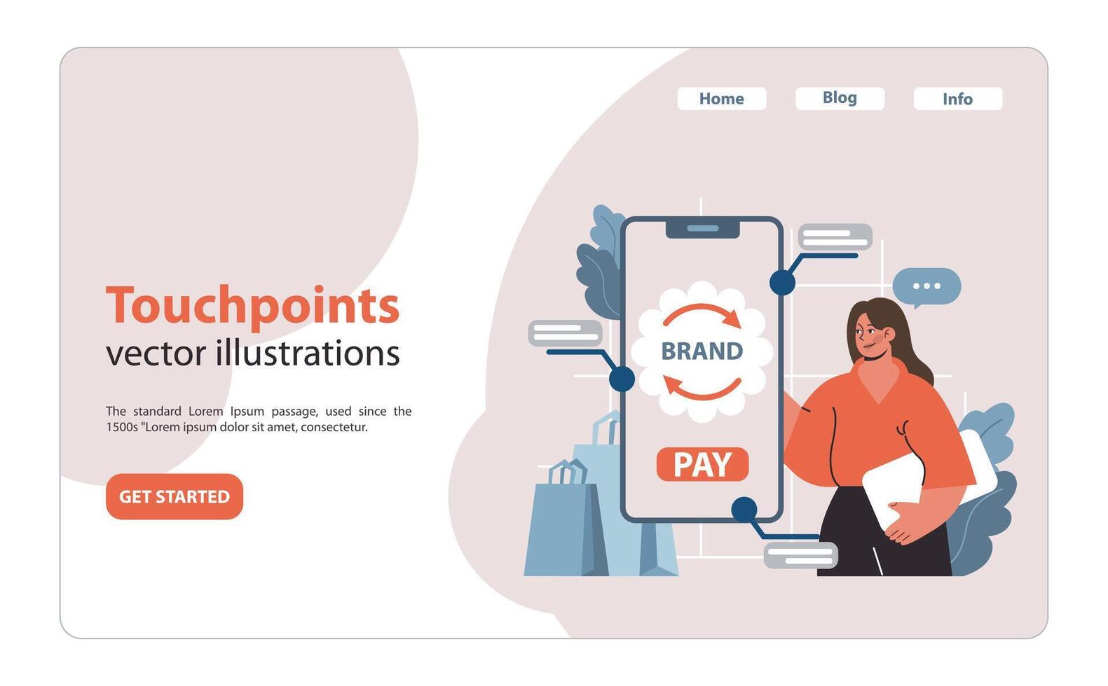 Touchpoints concept. Marketer aligns brand's presence across mobile interface. vector