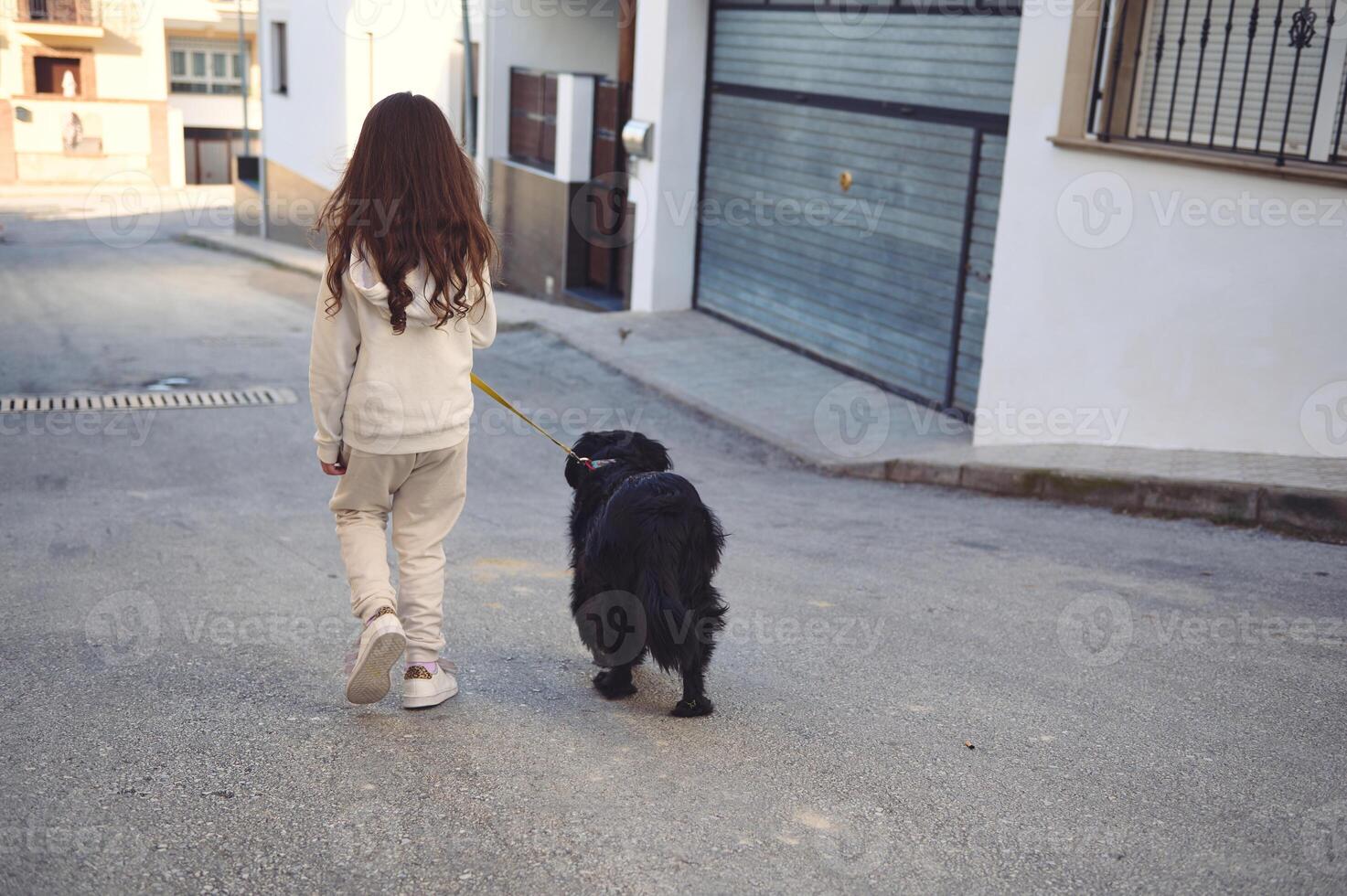 Rear view of a child girl walking her dog on leash on the city street photo