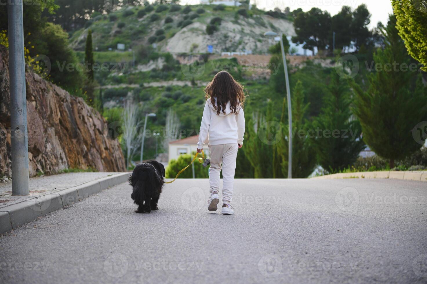 Rear view of adorable little kid girl in white sportswear,enjoying a walking with her dog on leash on the nature outdoors, against sunset sunbeams background. People, playing pets and nature concept photo