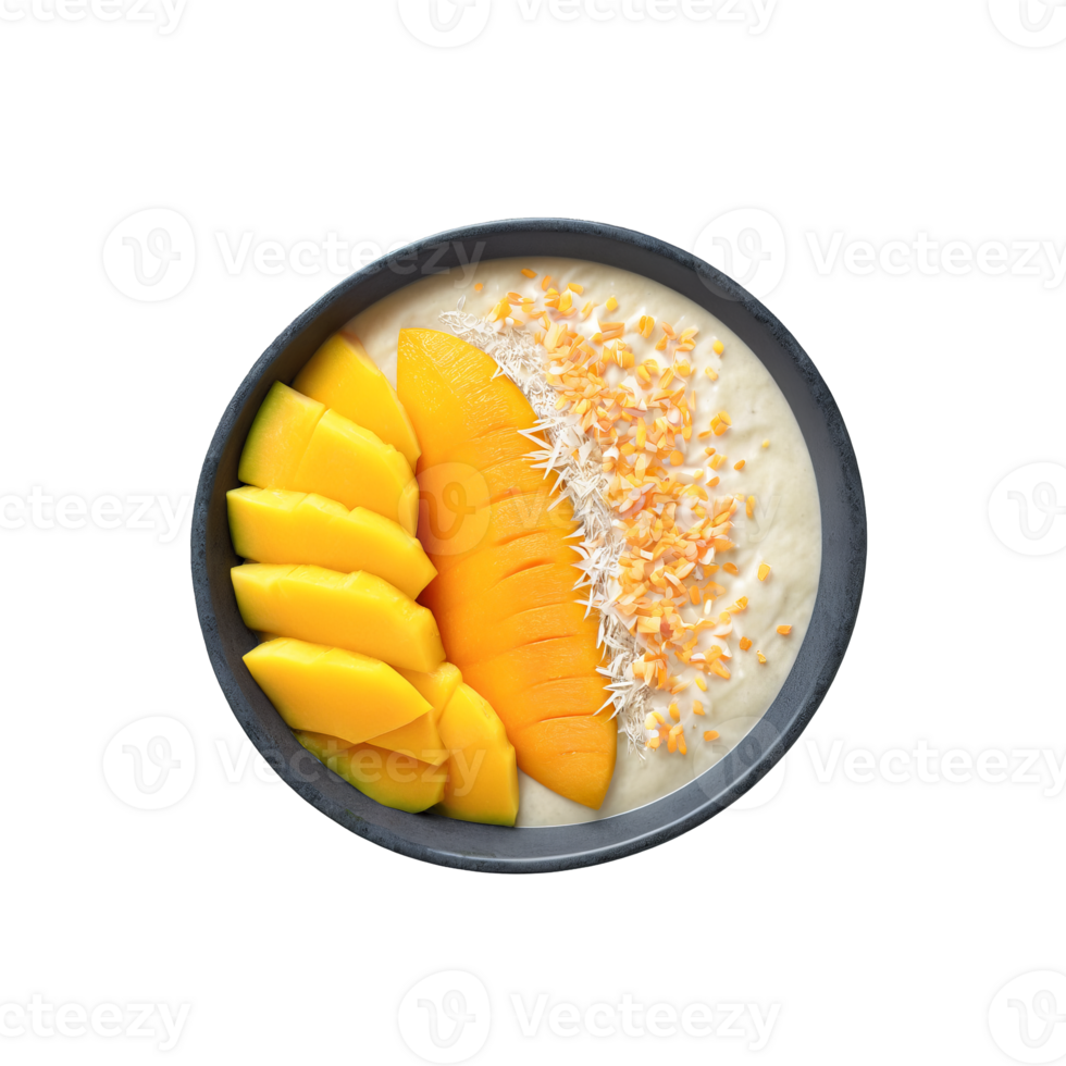 Breakfast smoothie bowl with a thick blend of frozen mango pineapple and coconut milk topped png