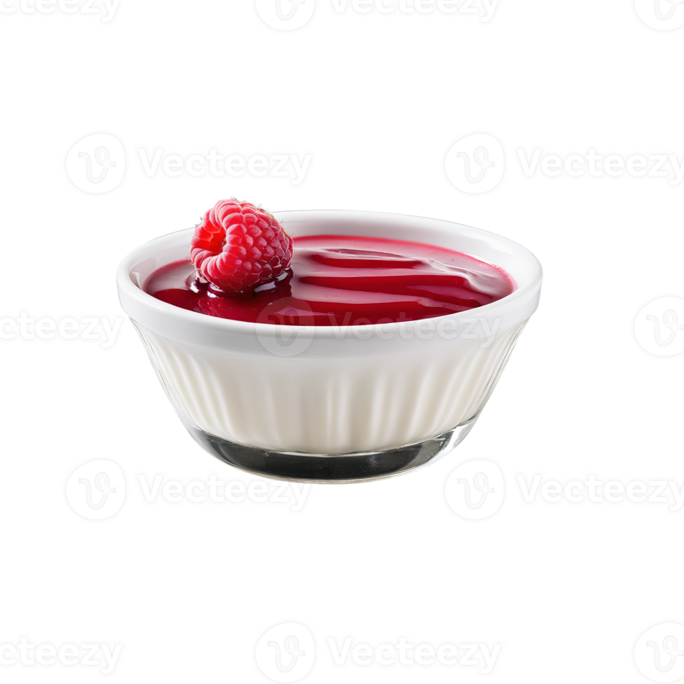 Heavy cream in a glass ramekin whipped to soft peaks and topped with fresh raspberry png