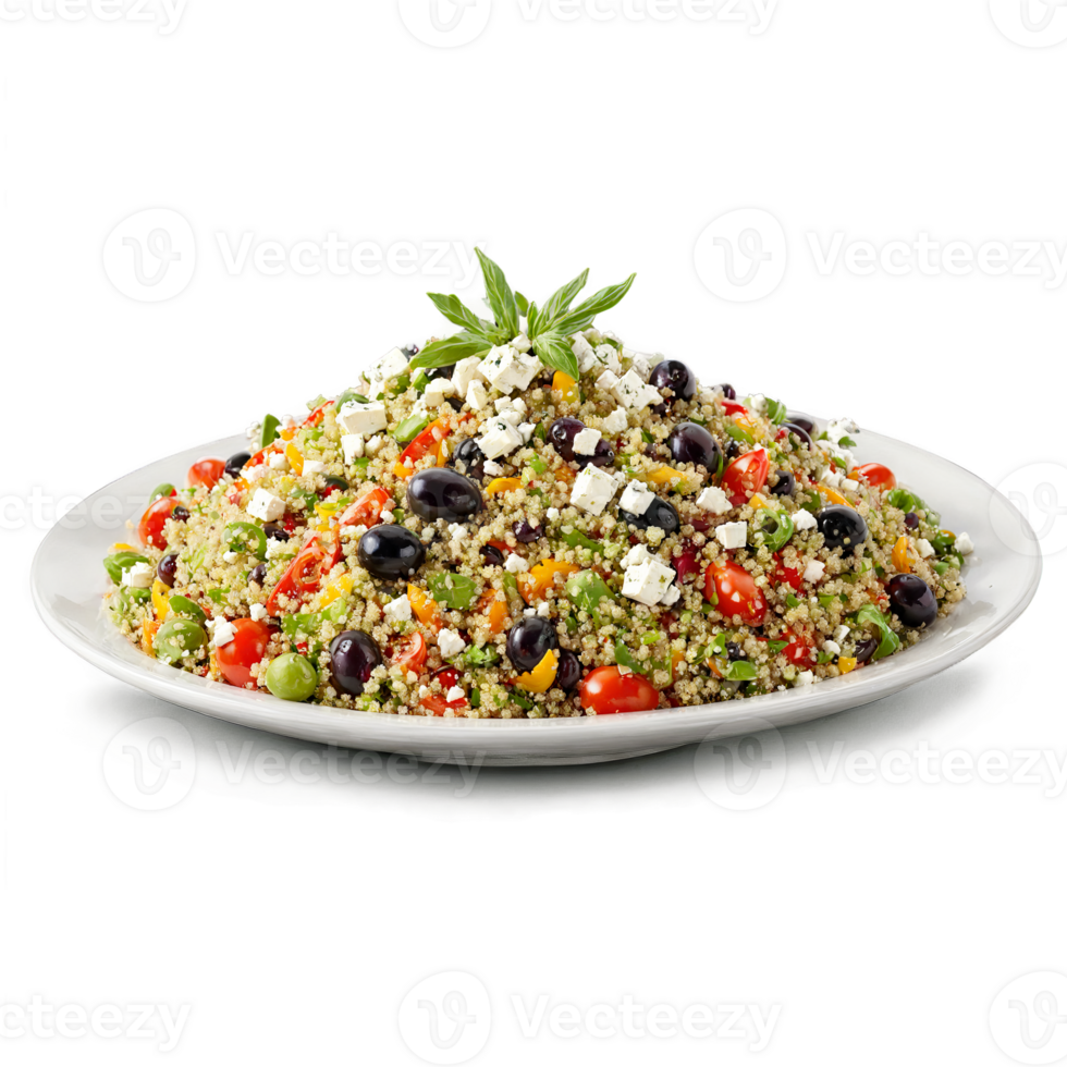 Quinoa Mediterranean salad colorful and briny tossing and mixing with olives and feta cheese flying png