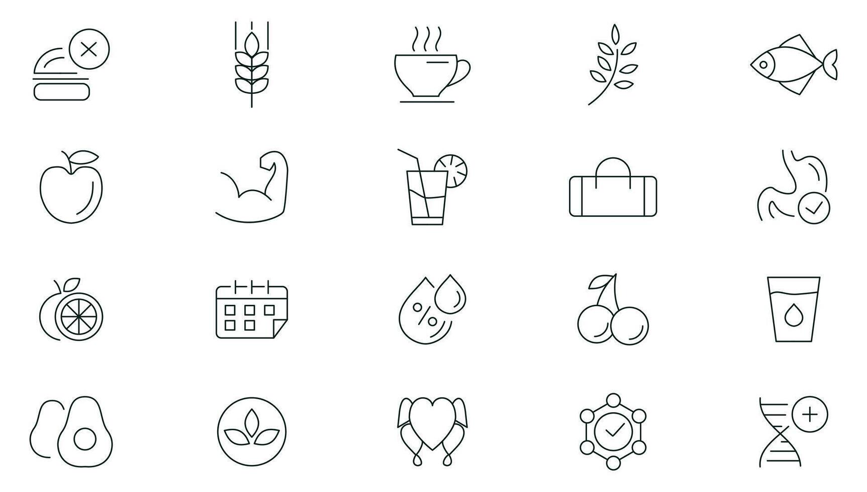Nutrition, healthy lifestyle icons set. Detox Diet, Metabolism, Count Calories, Palm oil free, Zero trans fat, Probiotics line icon pack. vector