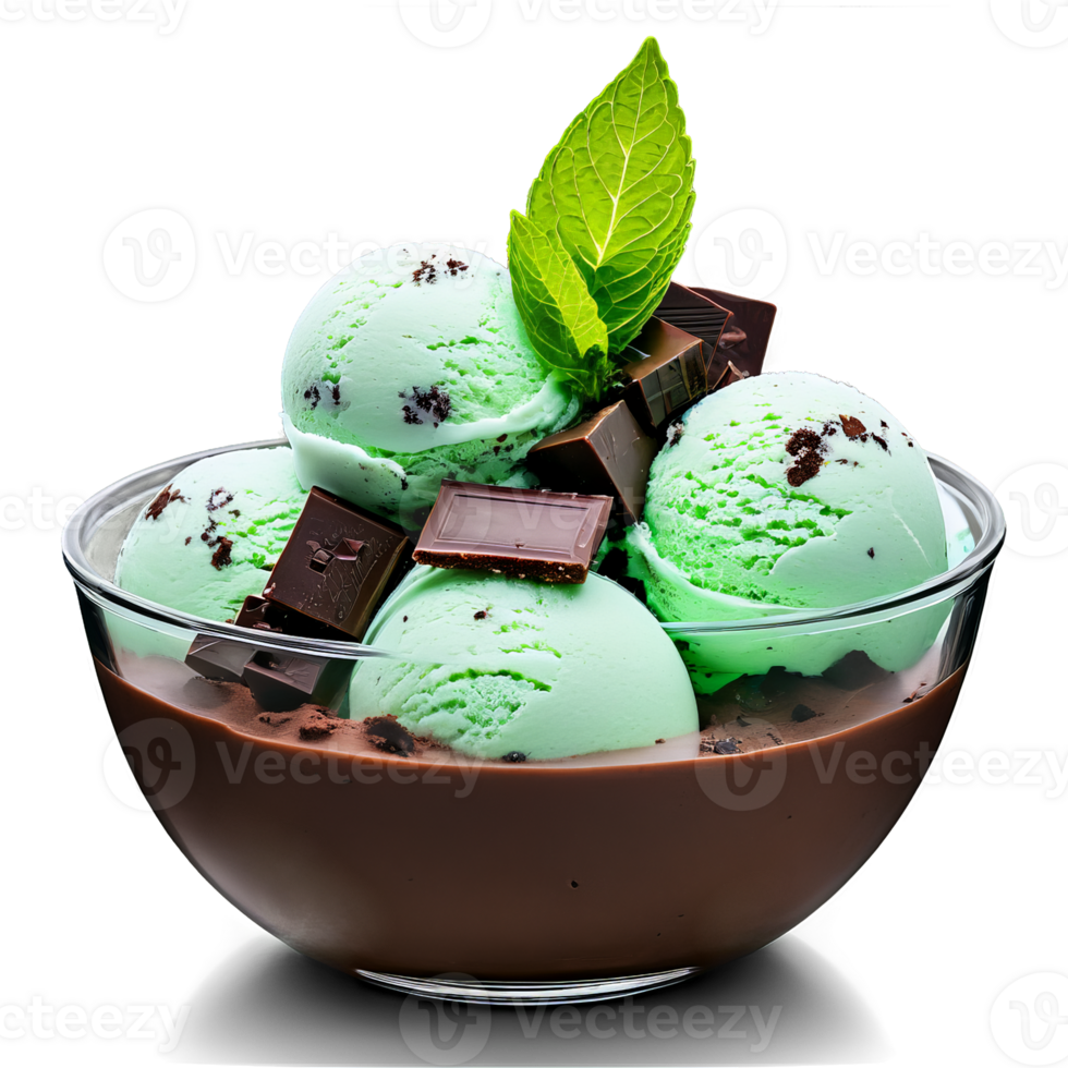 Mint chocolate chip ice cream in a clear glass bowl with a sprig of fresh png
