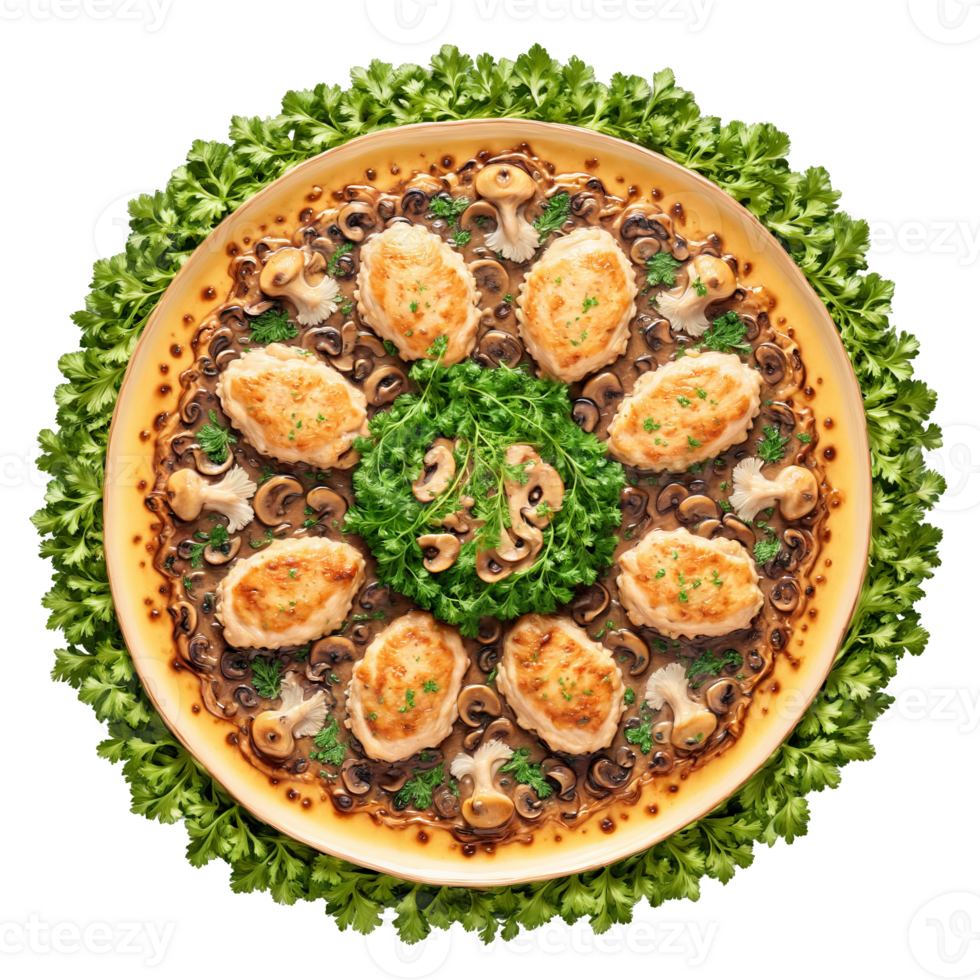 Chicken Marsala Mandala tender chicken cutlets in a Marsala wine sauce with mushrooms layered in png