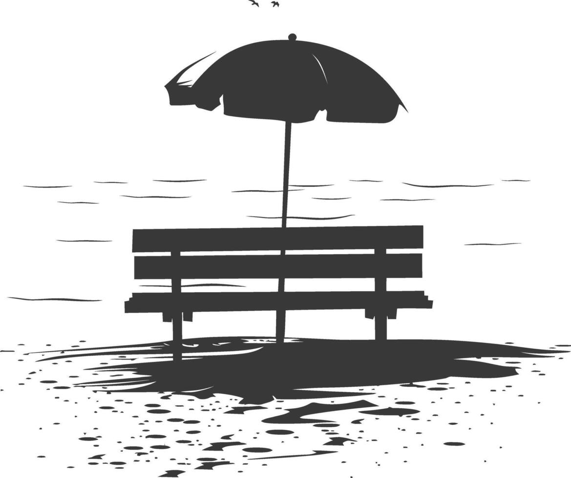 Silhouette bench with umbrella on the beach black color only vector