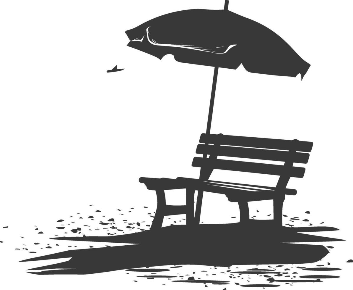 Silhouette bench with umbrella on the beach black color only vector