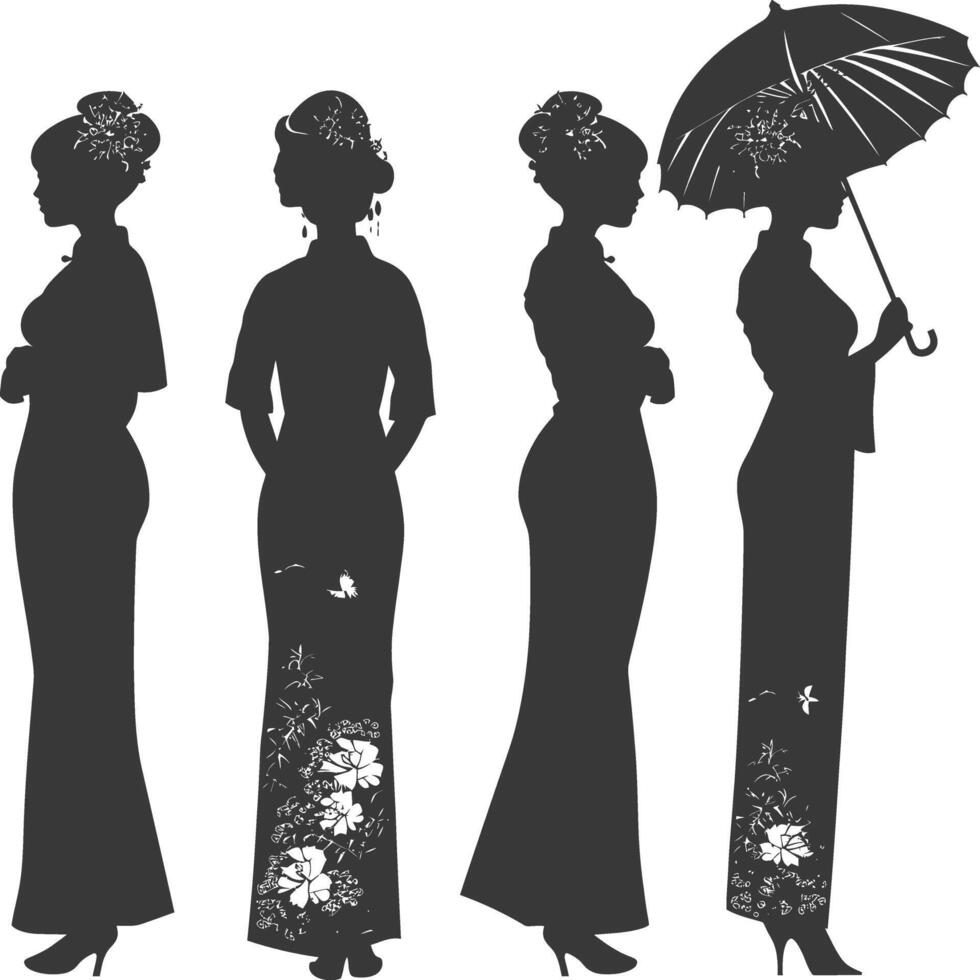 Silhouette independent chinese women wearing Cheongsam or zansae black color only vector