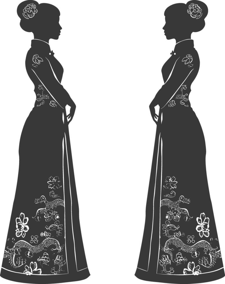 Silhouette independent chinese women wearing Cheongsam or zansae black color only vector