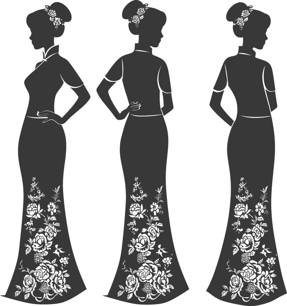 silueta independiente chino mujer vistiendo cheongsam o zansae negro color solamente vector