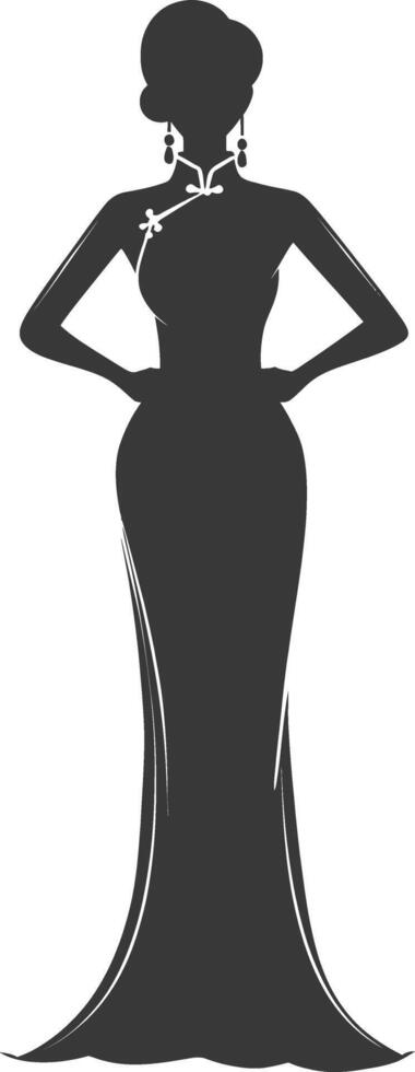 Silhouette independent chinese women wearing Cheongsam or zansae black color only vector