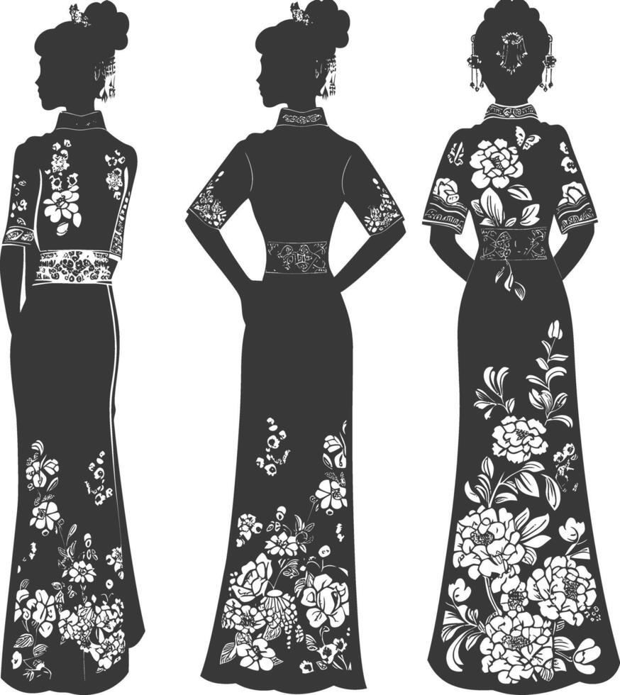 Silhouette independent chinese women wearing Cheongsam or zansae black color only vector