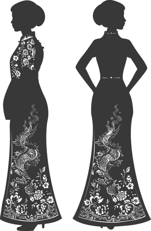 Silhouette independent chinese women wearing Cheongsam or zansae black color only vector