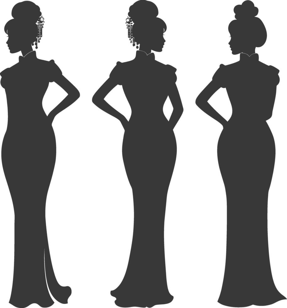 Silhouette independent chinese women wearing Cheongsam or zansae black color only vector