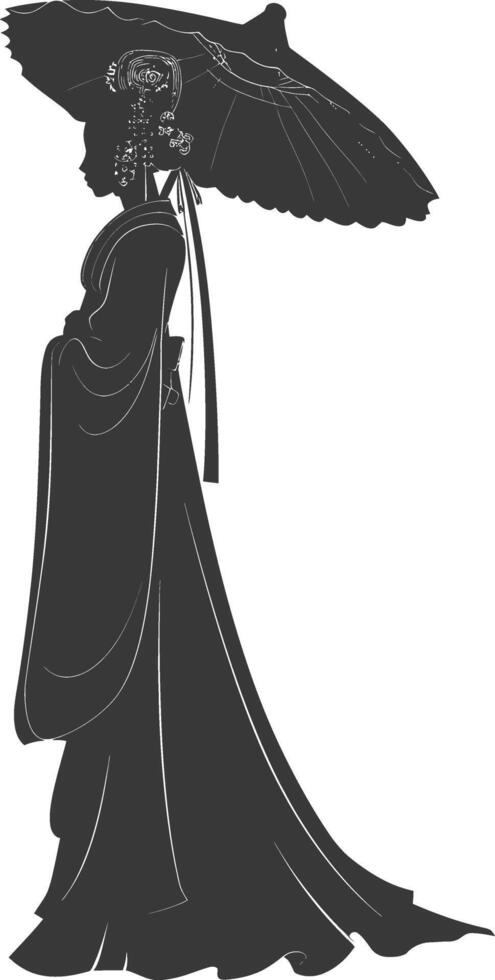 Silhouette independent chinese women wearing hanfu with umbrella black color only vector