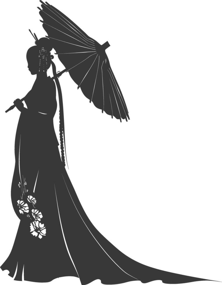Silhouette independent chinese women wearing hanfu with umbrella black color only vector