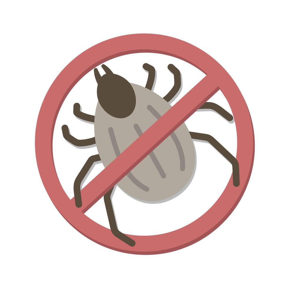 Isolated drawing of a tick with a red stop sign. Colorful tick icon, in a flat style. Hand-drawn image. Insect. Logo for the pest control service. vector