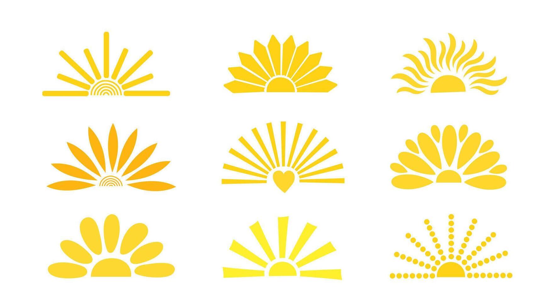 Simple yellow half sun hand drawn flat illustration with half-circle shape in middle, cute summer sunset, dawn image for logo, cards, decor, vacation concept, holiday, summertime kids design vector