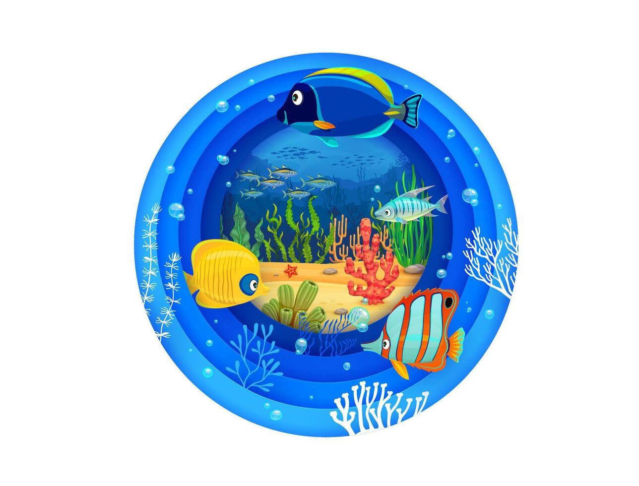 Underwater paper cut with cartoon tropical fishes vector