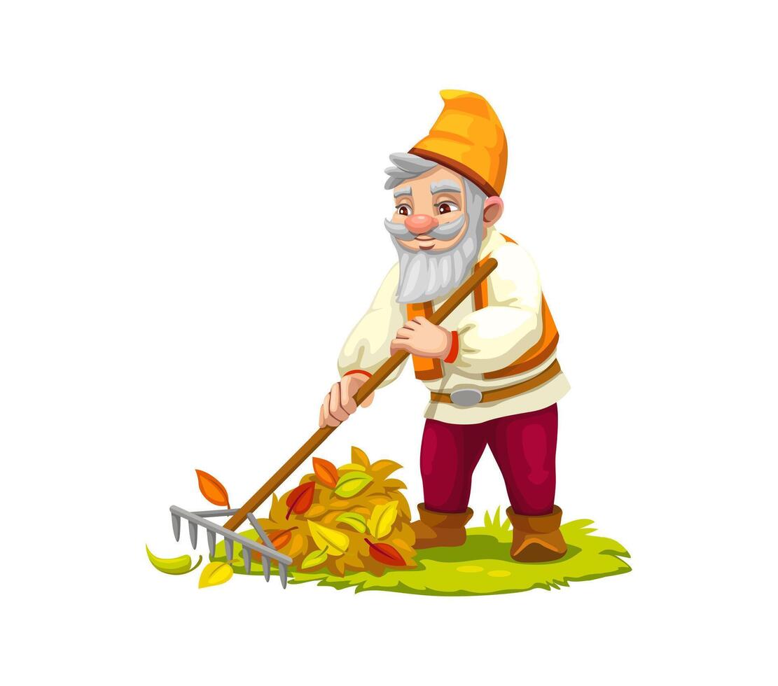 Cartoon gnome dwarf character sweeps garden leaves vector