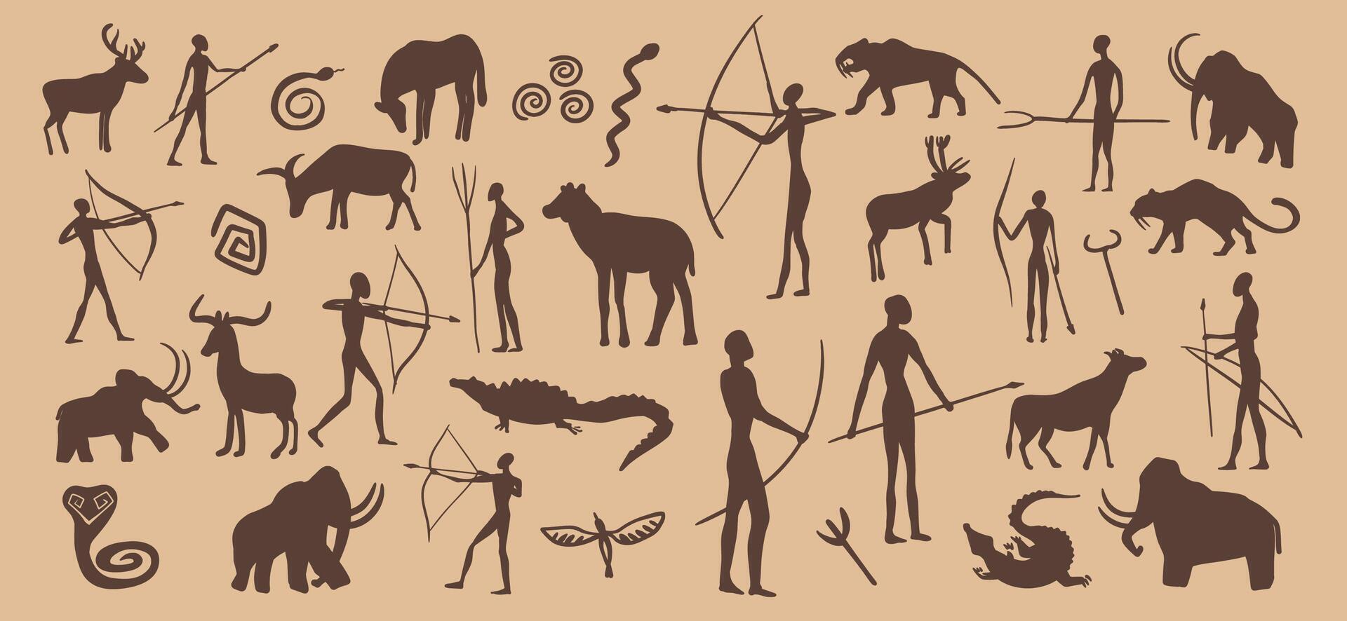 Prehistoric stone drawing, cave painting symbols vector