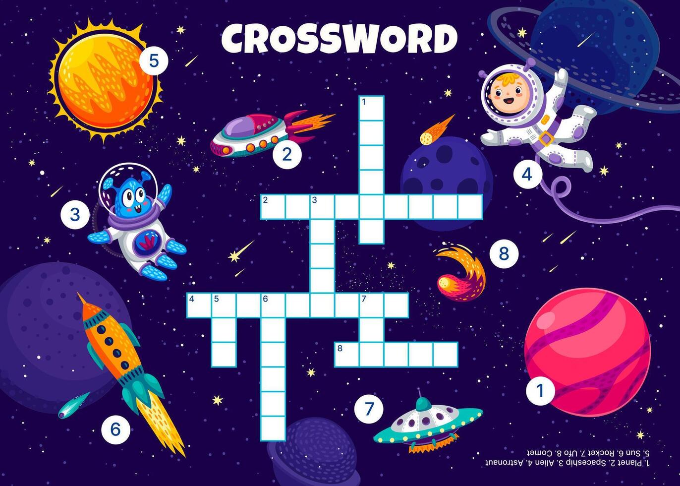 Crossword quiz game grid, galaxy space worksheet vector