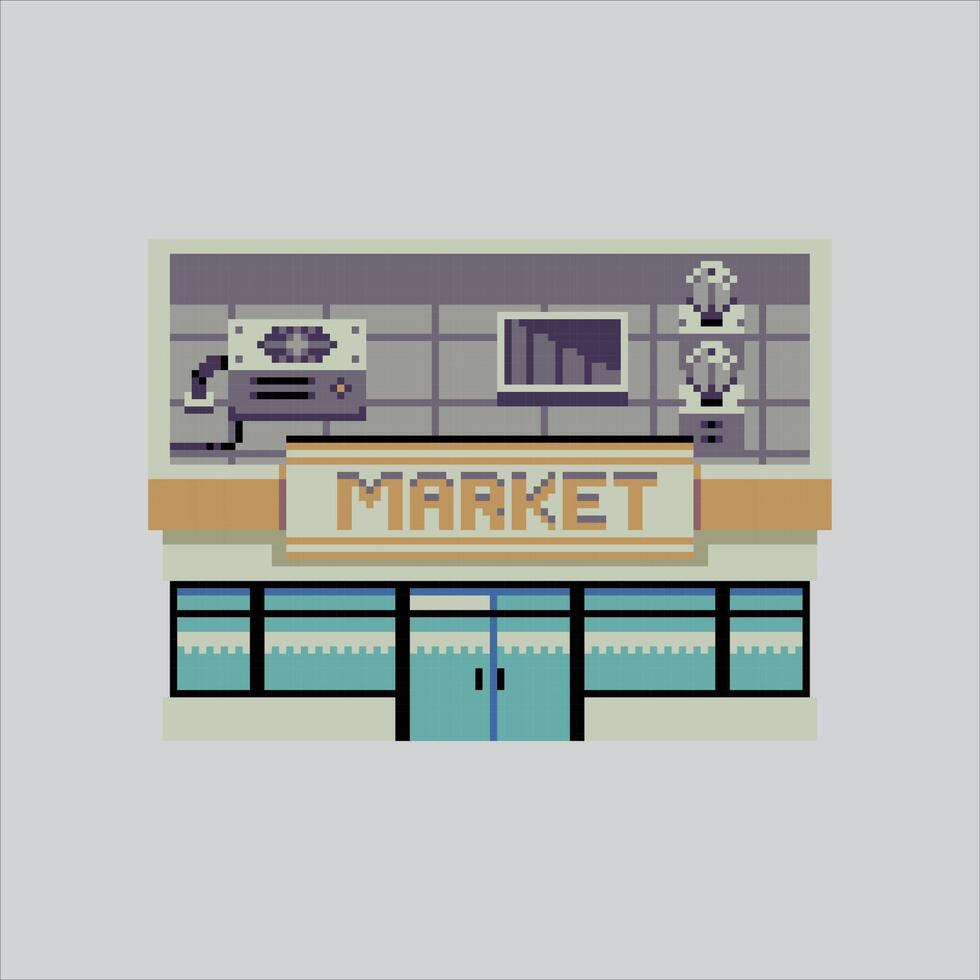 píxel Arte ilustración supermercado. pixelado mercado. supermercado Tienda edificio pixelado para el píxel Arte juego y icono para sitio web y juego. antiguo colegio retro vector