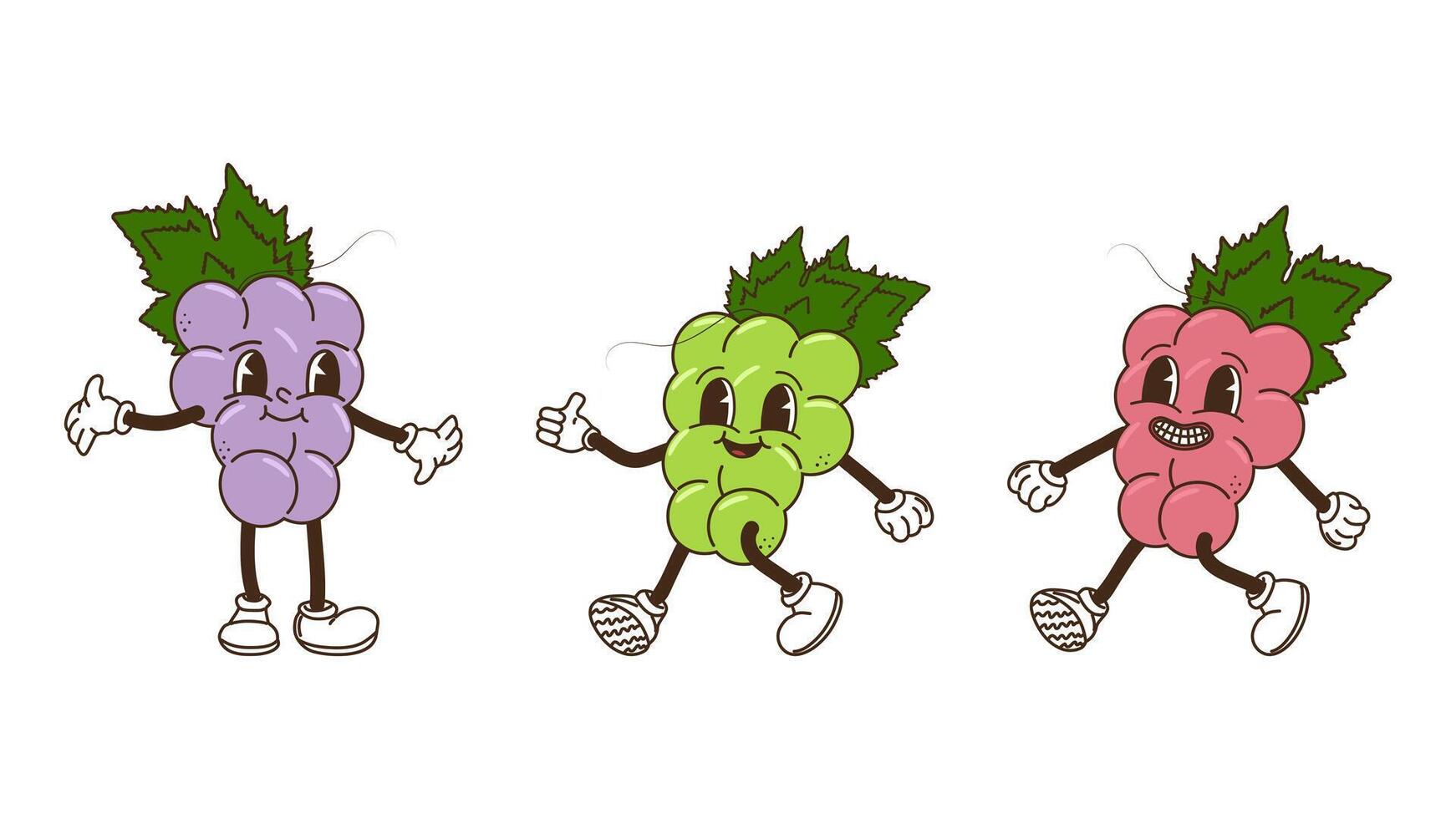 Fruits and berries in groovy style set. Grapes green purple and pink. Characters trendy retro, comic mascot. Design banner poster. Y2k Hippie 70s, 80s. illustration. vector