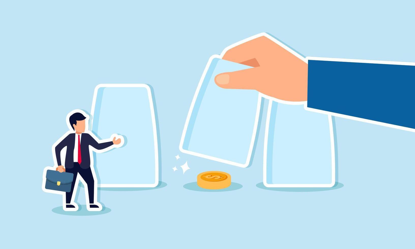 Gambling risk, win the guess game or predict the investment outcome, concept of Businessman pointing to the right cup, revealing dollar coin profit vector