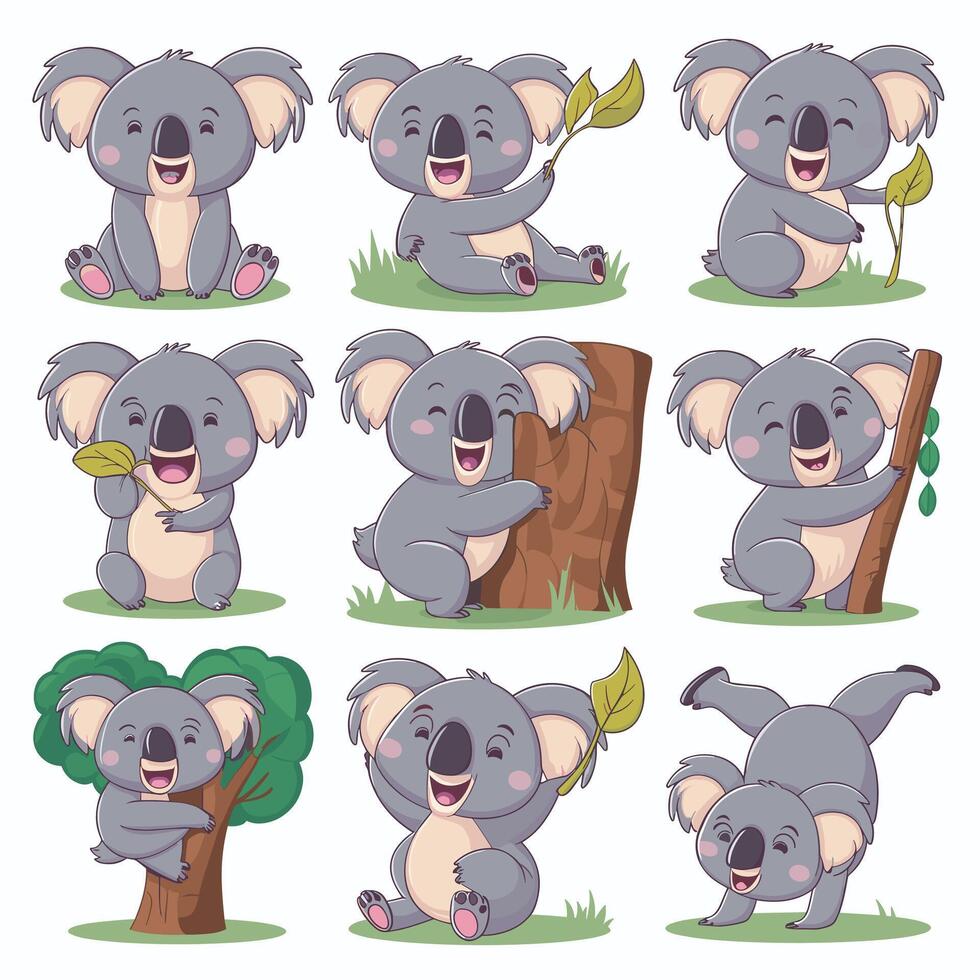 Set of cute grey koala bear in different poses eating sleeping leaves cartoon animal design flat illustration isolated on white background vector