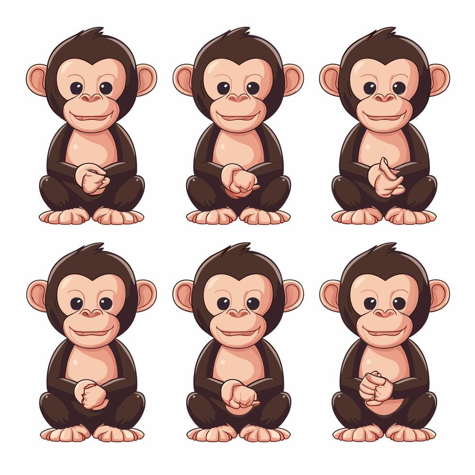 Sitting, jumping, running, hanging, walking, standing fun monkey silhouette. Isolated illustration. vector