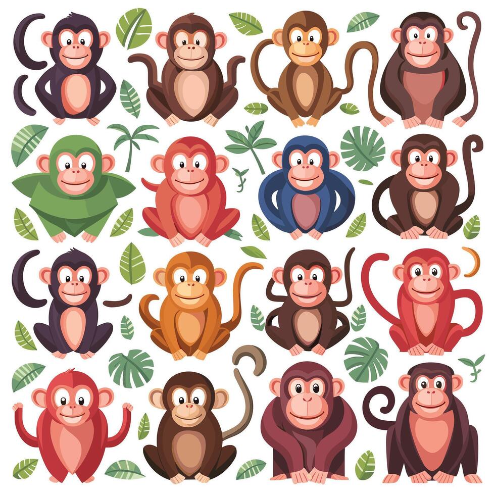 Sitting, jumping, running, hanging, walking, standing fun monkey silhouette. Isolated illustration. vector