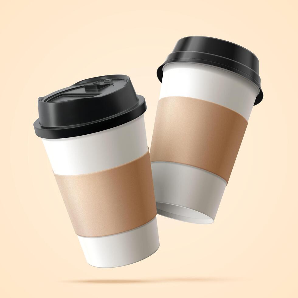 Two paper coffee cups with blank labels in 3D illustration floating over beige background vector