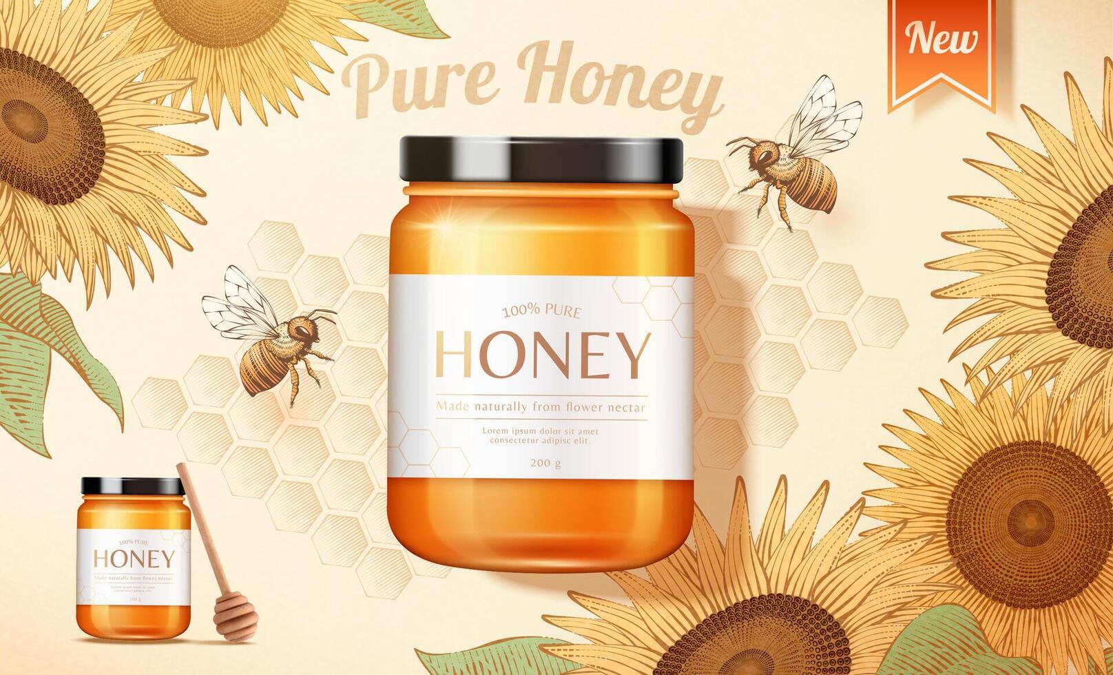Sunflower honey product jar with honeybees in 3d illustration with sunflower and honeycomb engravings vector