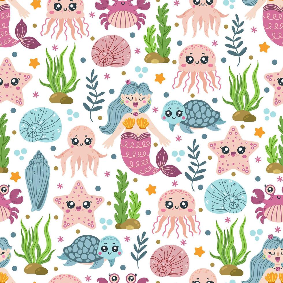 Sea animals seamless pattern. Ocean creatures - little mermaid, funny jellyfish, reef octopus, crab, turtle. Wild life on the seabed - starfish, corals, seaweed, shells. Hand drawn background vector