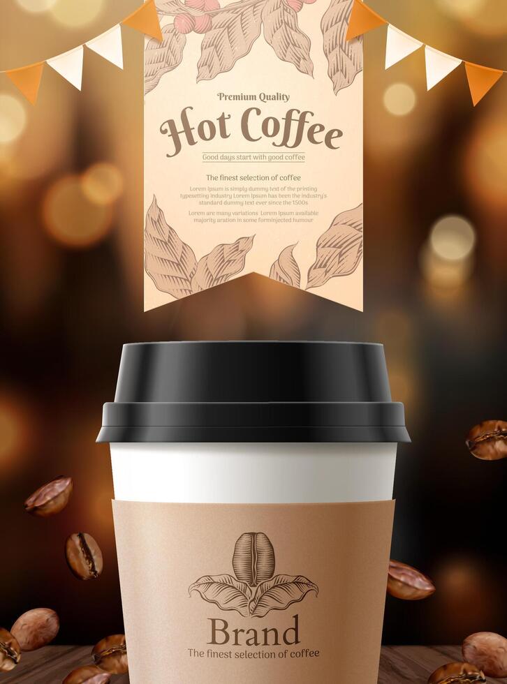 Black coffee ads with glimmering bokeh and roasted coffee beans element in 3d illustration vector