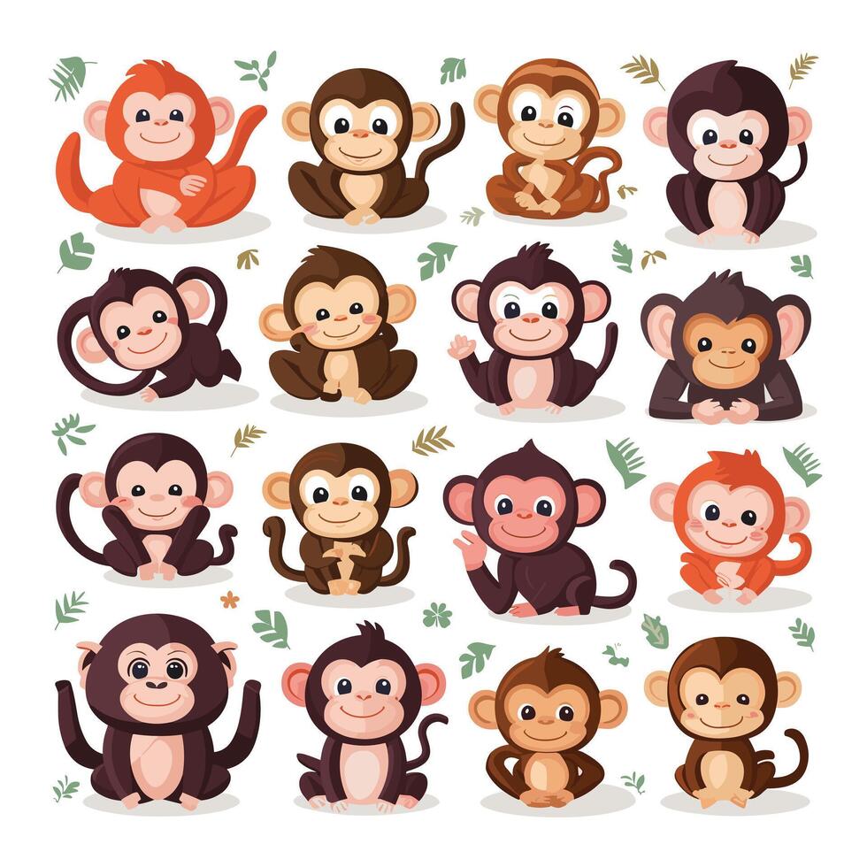 Sitting, jumping, running, hanging, walking, standing fun monkey silhouette. Isolated illustration. vector