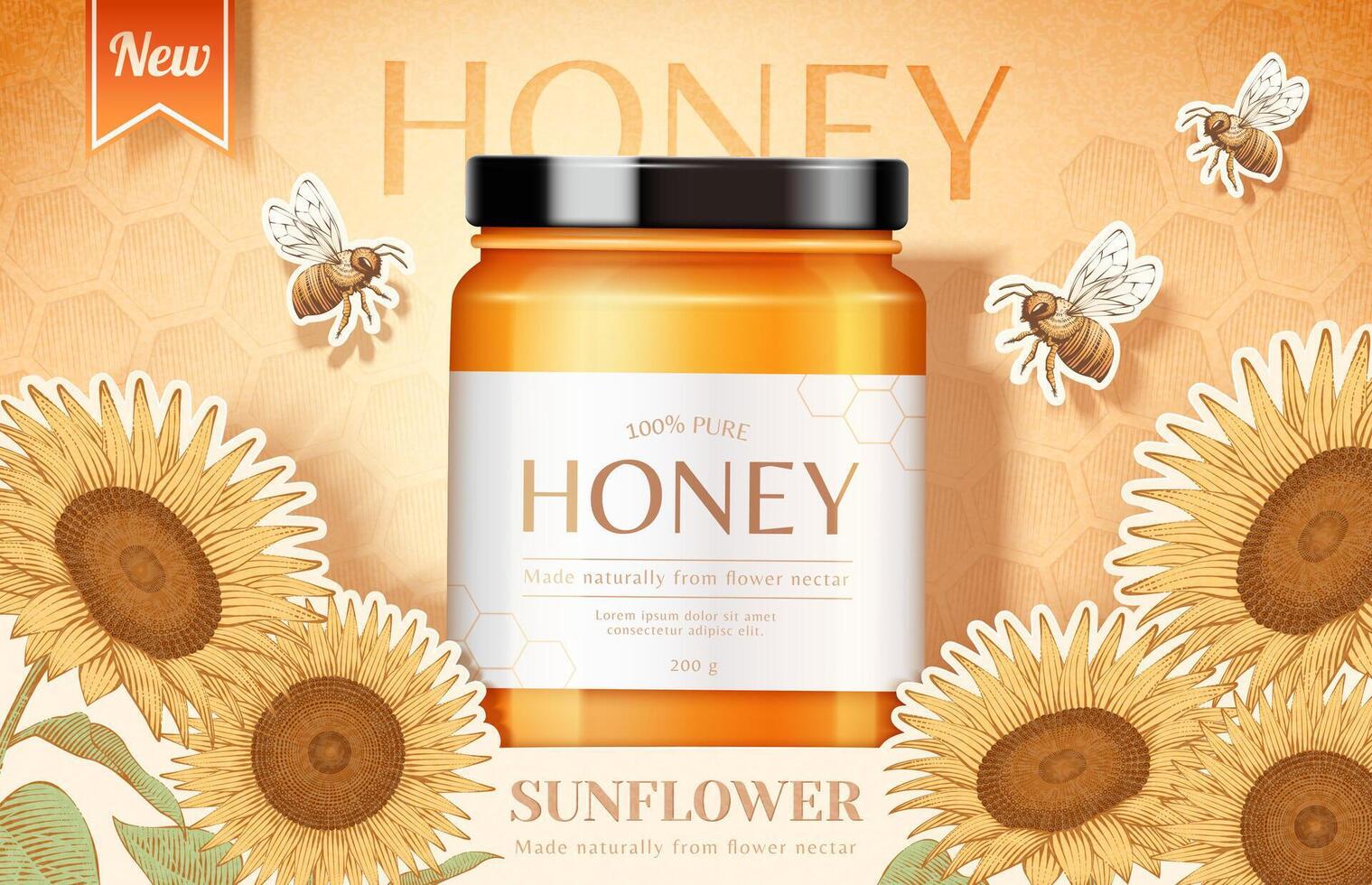 Sunflower honey product jar with honeybees in 3d illustration with sunflower and honeycomb engravings vector