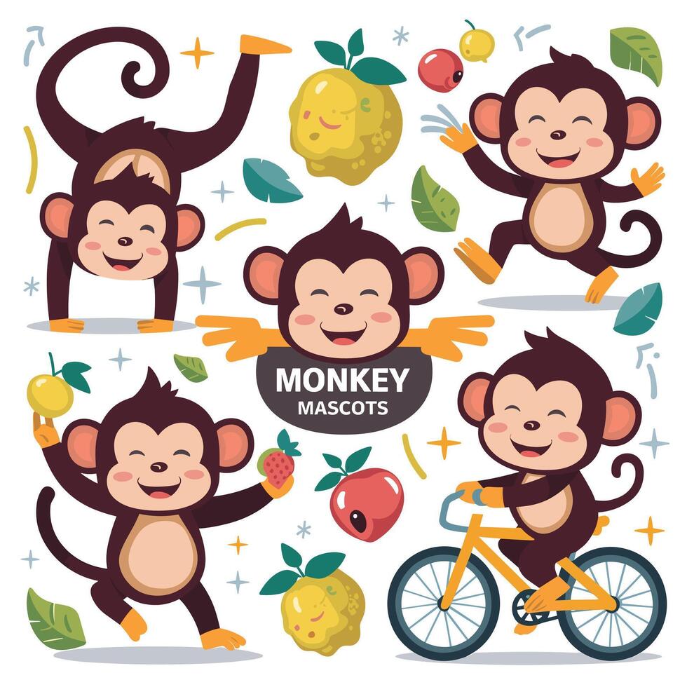 Sitting, jumping, running, hanging, walking, standing fun monkey silhouette. Isolated illustration. vector