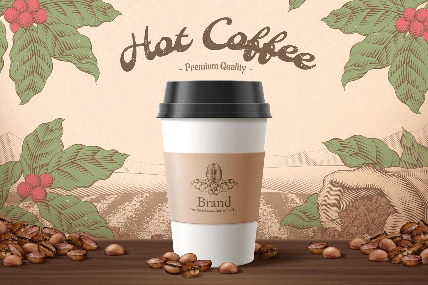 Takeaway cup packaging with label in 3D illustration with coffee beans elements over wooden table against engraved background vector