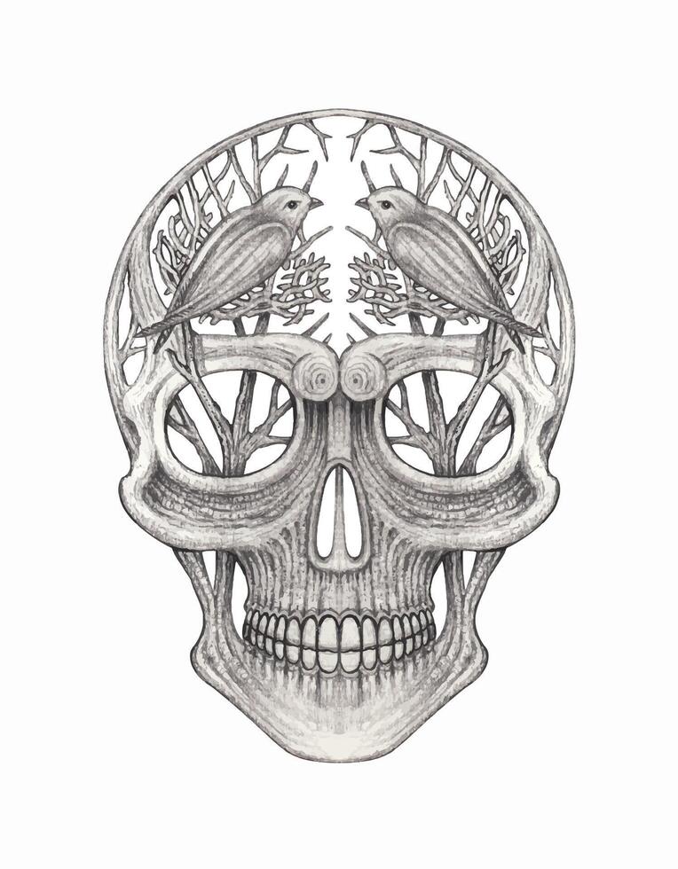 Skull tattoo surreal art design by hand drawing on paper vector