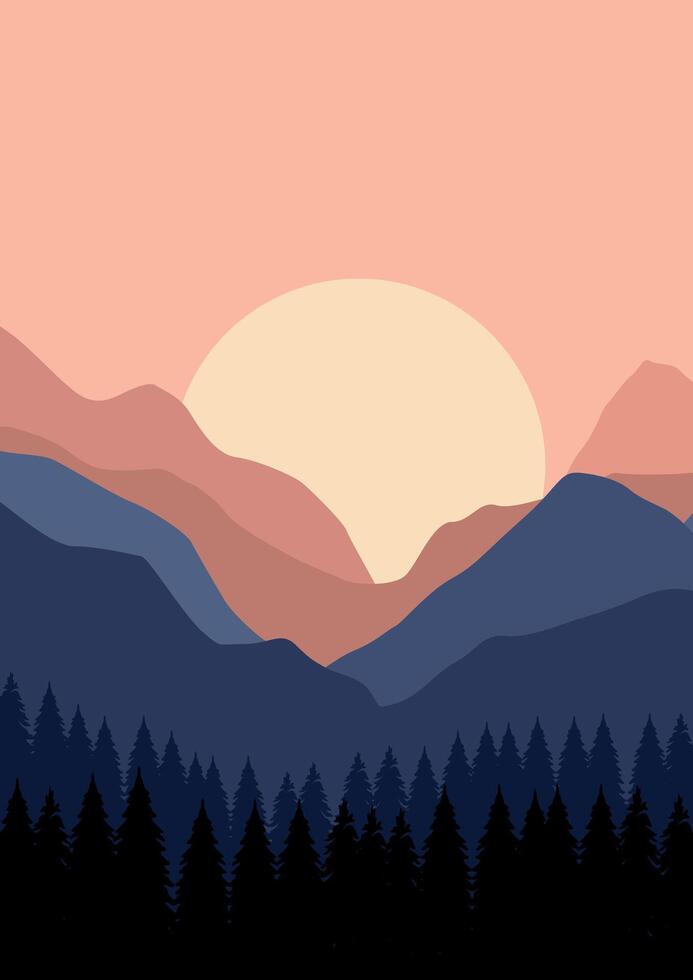 Landscape with mountains in sunset. Illustration in flat style. vector