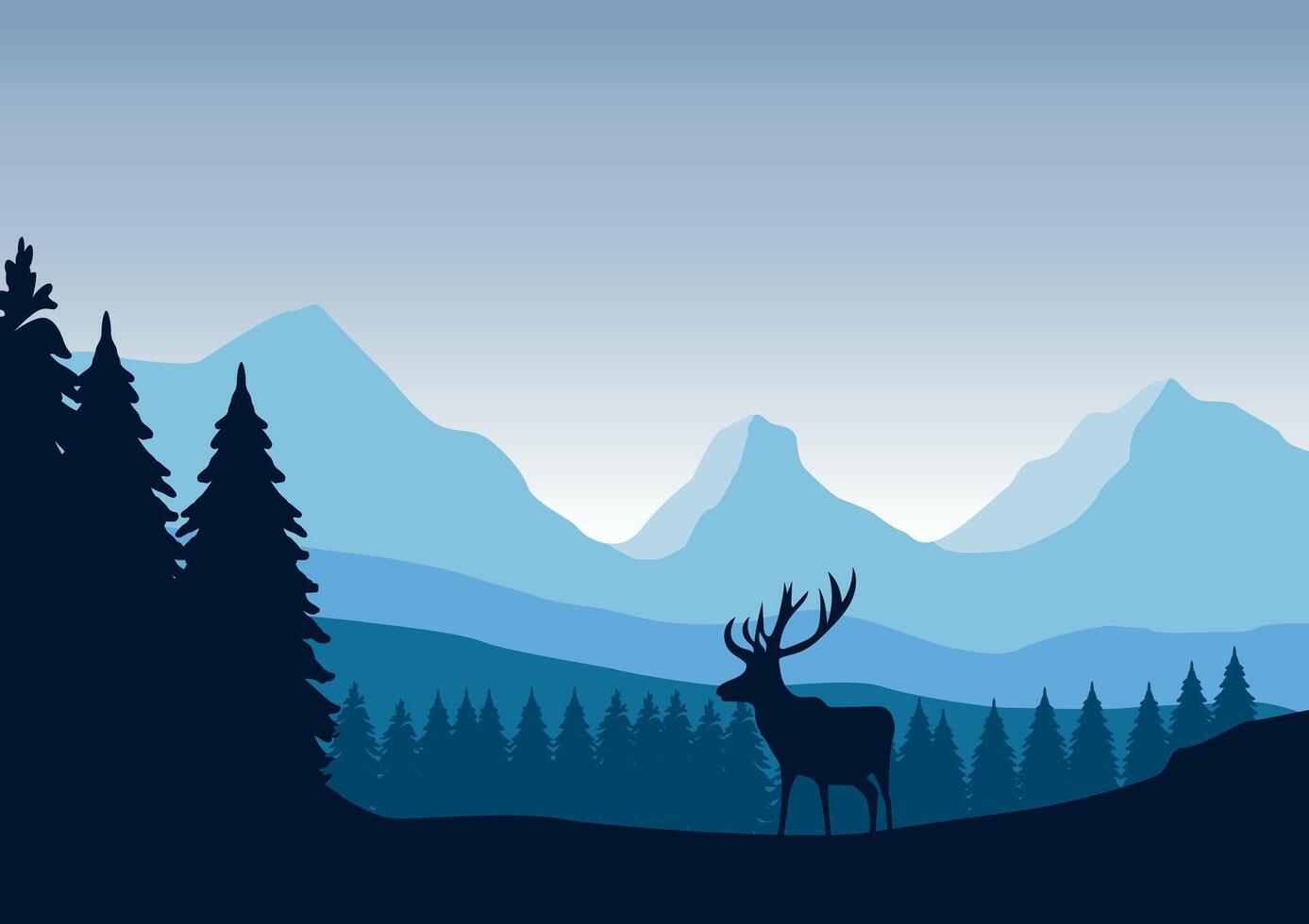 Mountains and pine forest with a deer. Illustration in flat style. vector