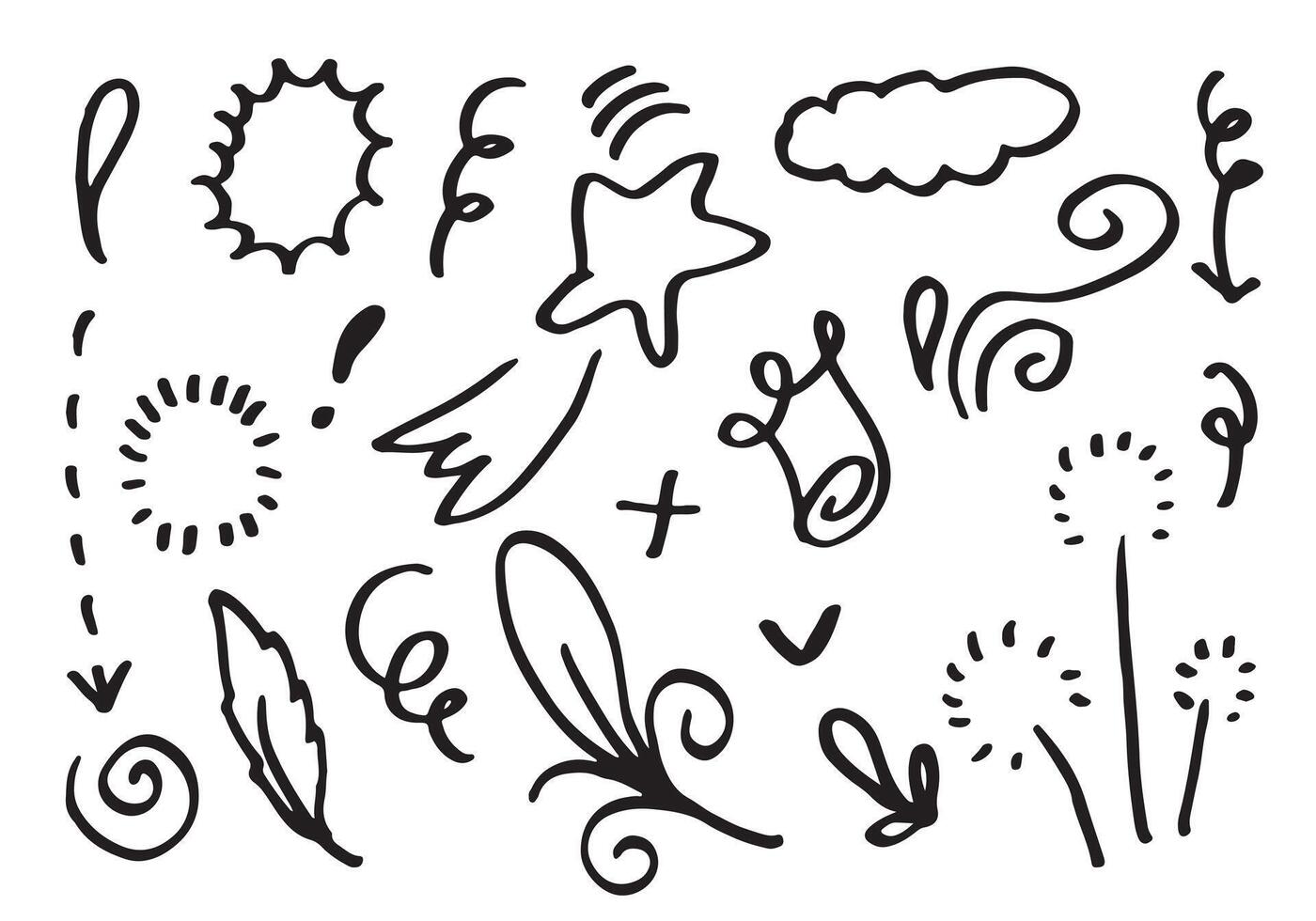 Hand drawn set elements, black on white background.,Arrow, heart, love, star, leaf, circle, light, flower, crown,Swishes, swoops, emphasis ,swirl for concept design. vector