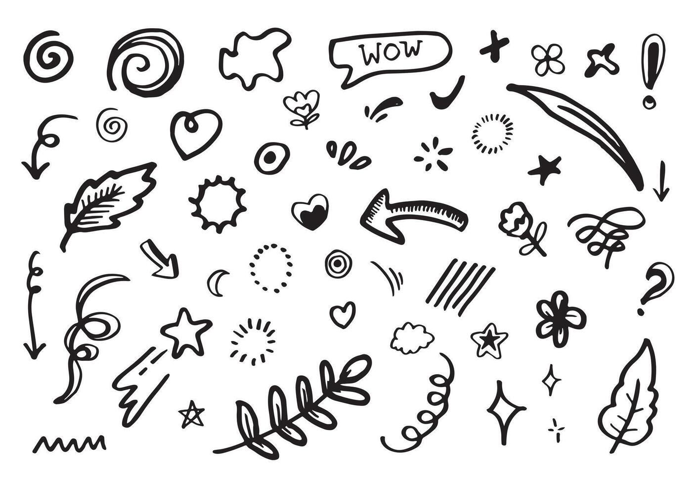 Hand drawn set elements, black on white background.,Arrow, heart, love, star, leaf, circle, light, flower, crown,Swishes, swoops, emphasis ,swirl for concept design. vector