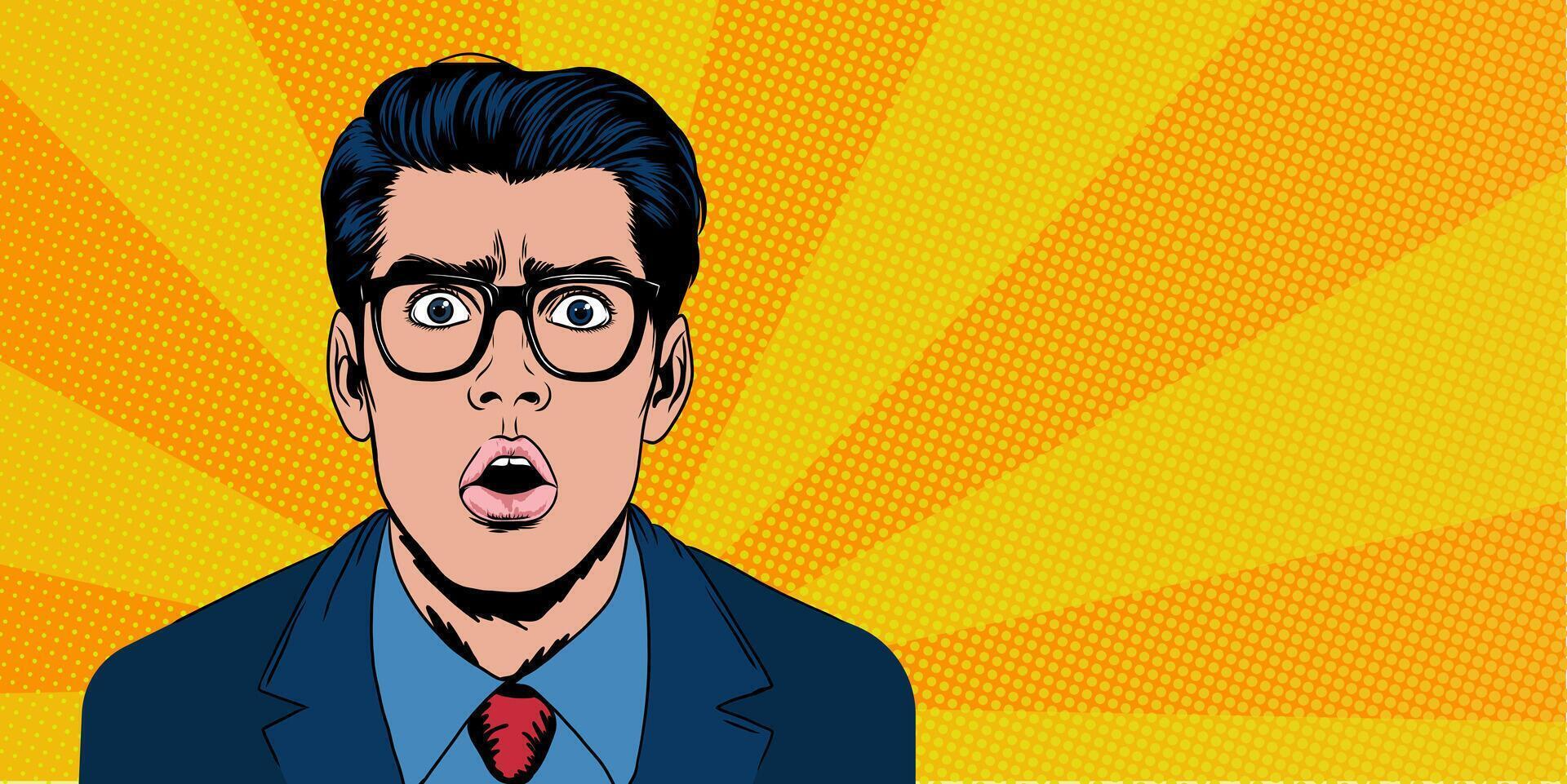 Shocked young man with wide open eyes and mouth. illustration in retro pop-art comic style. banner design template with copy space for text for ads, social media, web. vector