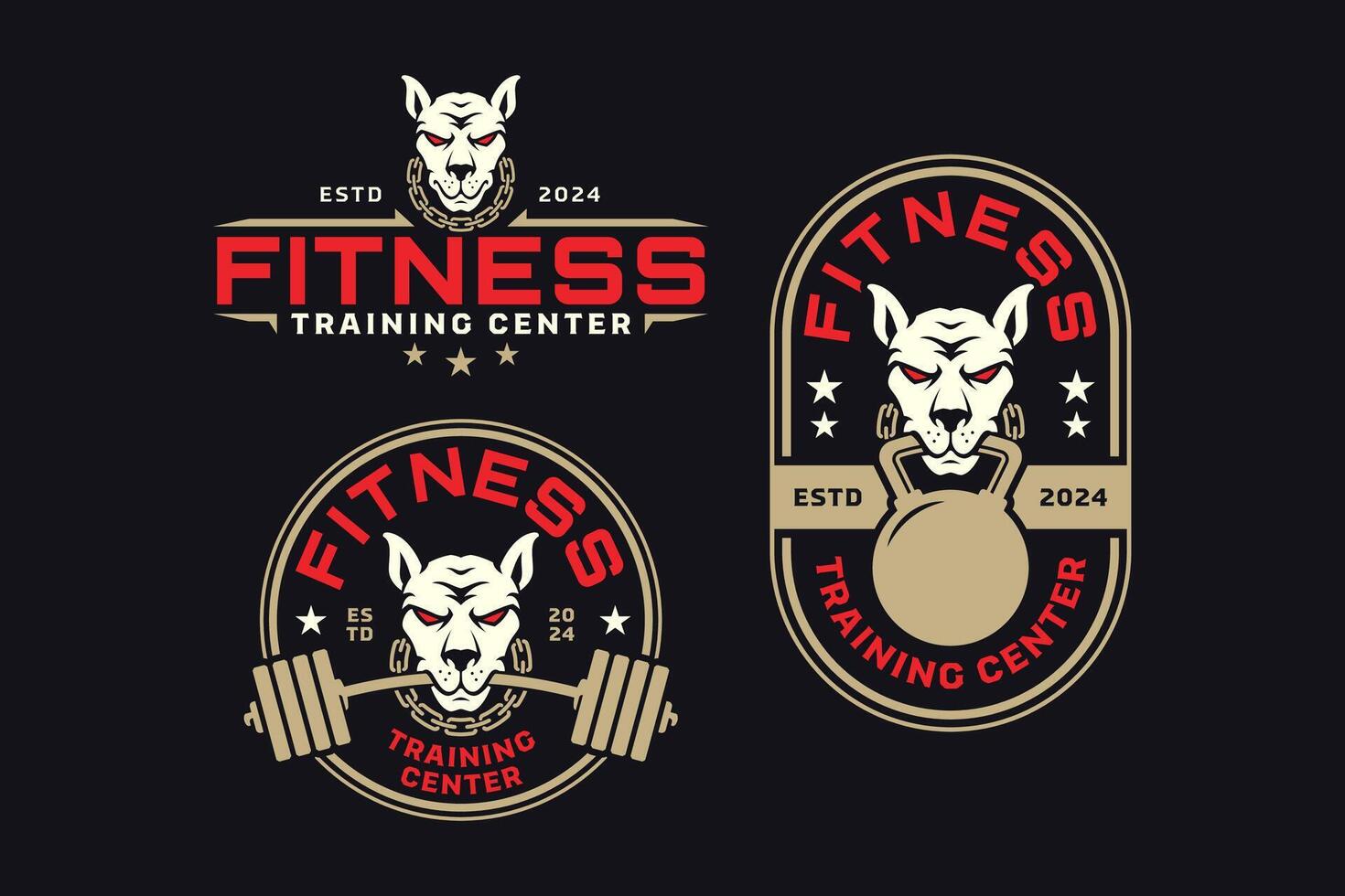 doberman dog with barbell and kettlebell logo design for fitness, gym, bodybuilding, weightlifting vector