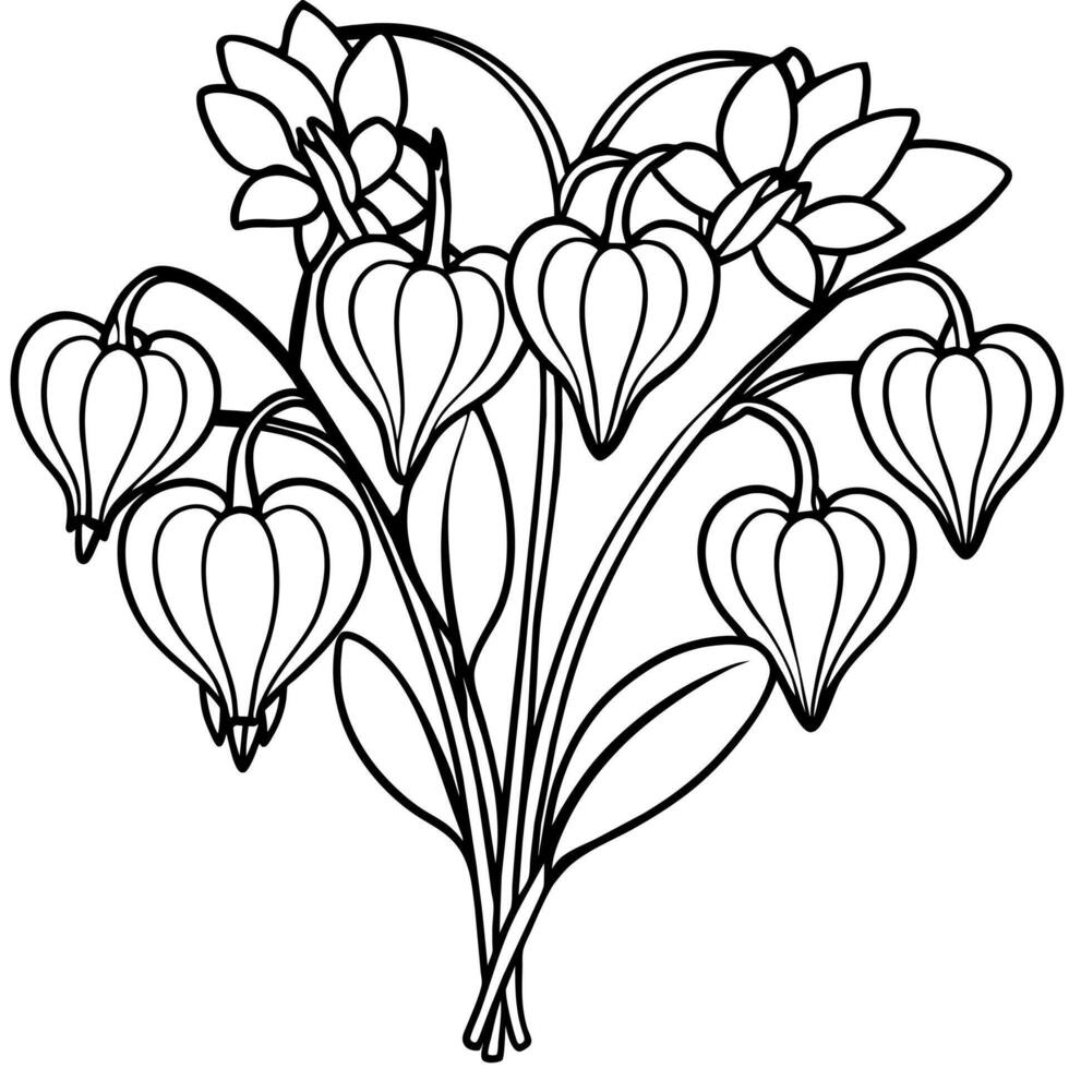 Bleeding Heart flower outline illustration coloring book page design, Bleeding Heart flower black and white line art drawing coloring book pages for children and adults vector