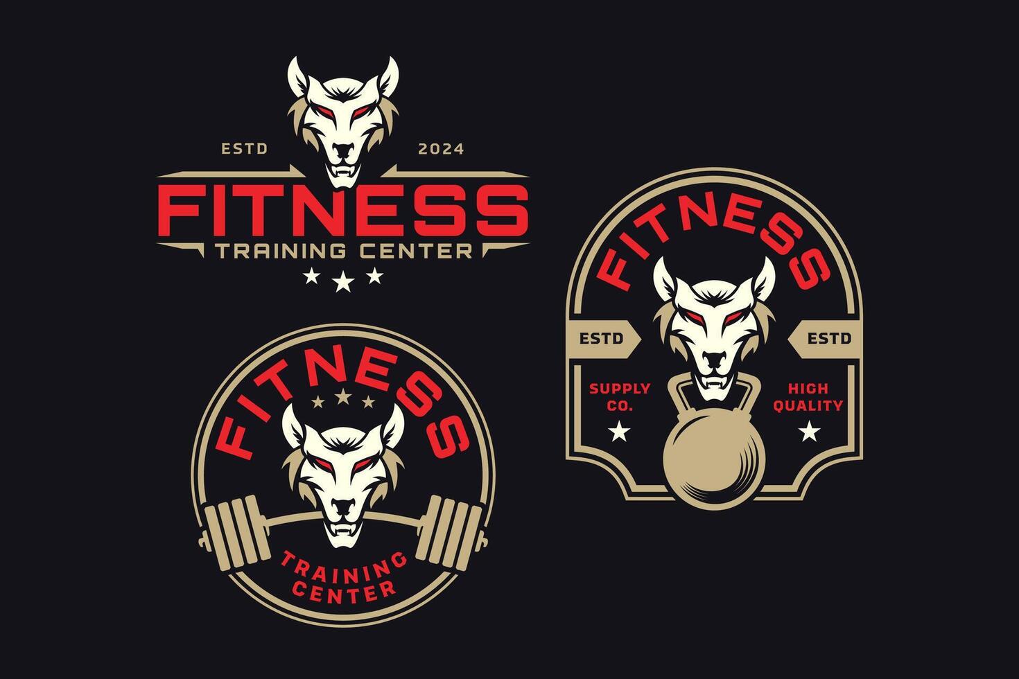wild wolf with barbell and kettlebell logo design for fitness, gym, bodybuilding, weightlifting club vector